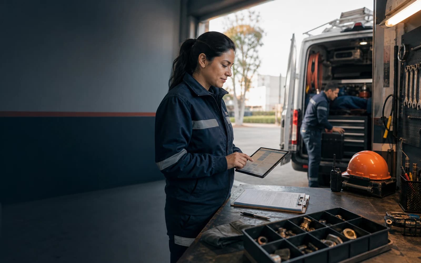 Coordinadora de servicios en campo usando una tablet junto a un vehículo equipado