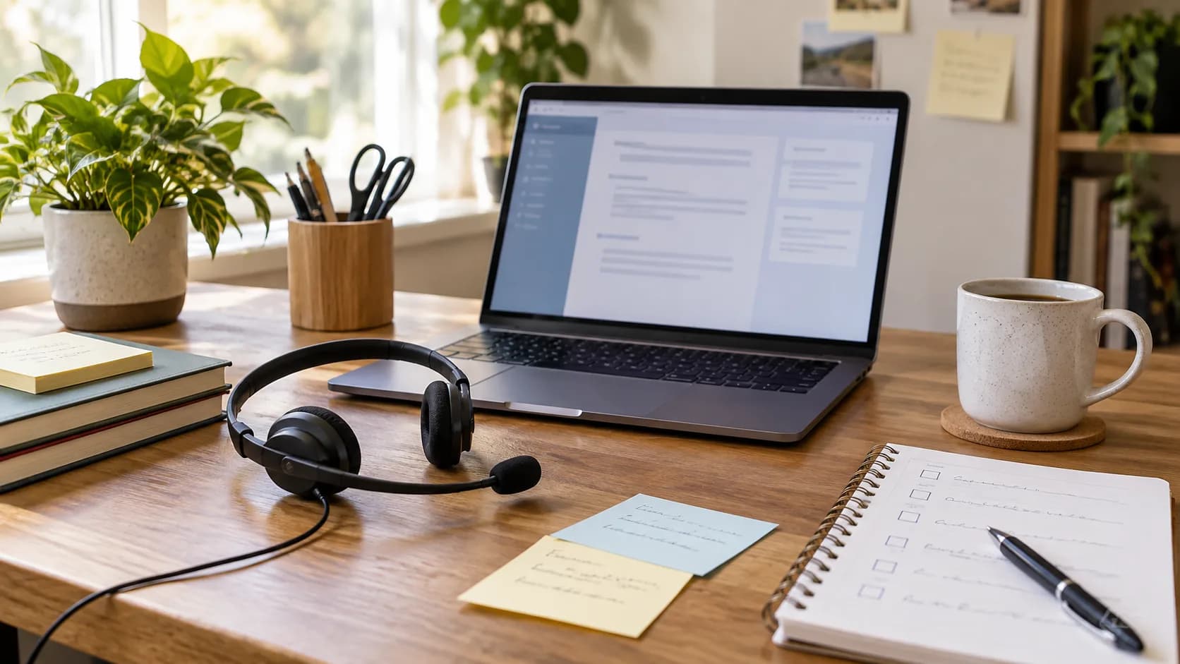 Mesa de trabajo con notas y herramientas para organizar respuestas de soporte