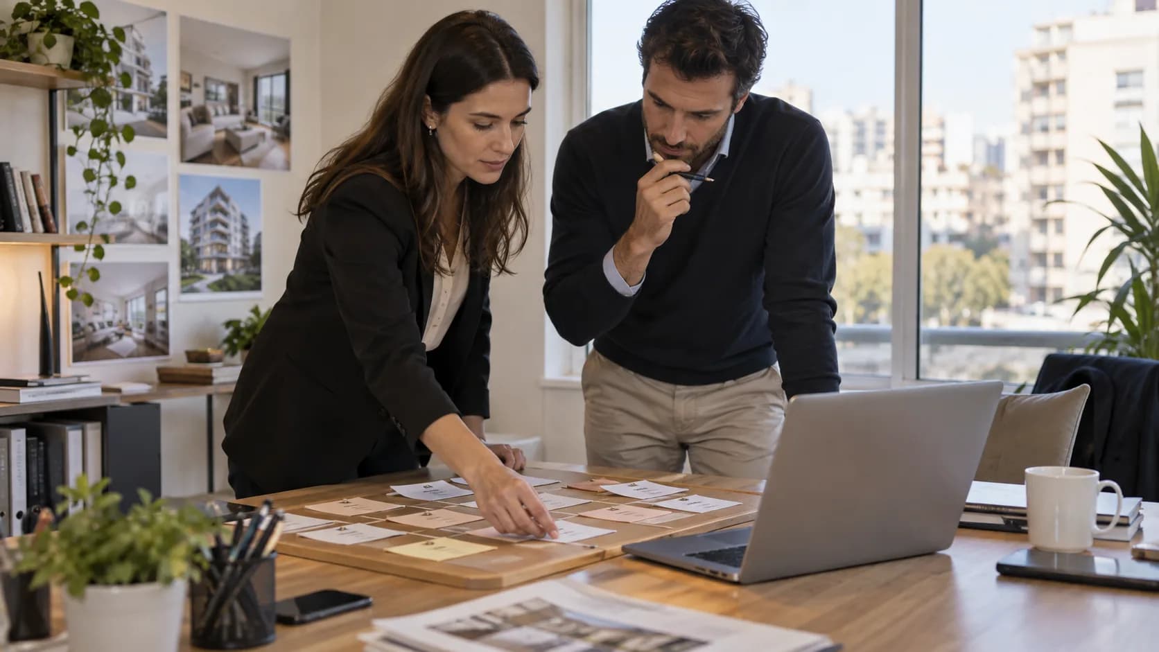 Equipo inmobiliario organizando el seguimiento de consultas