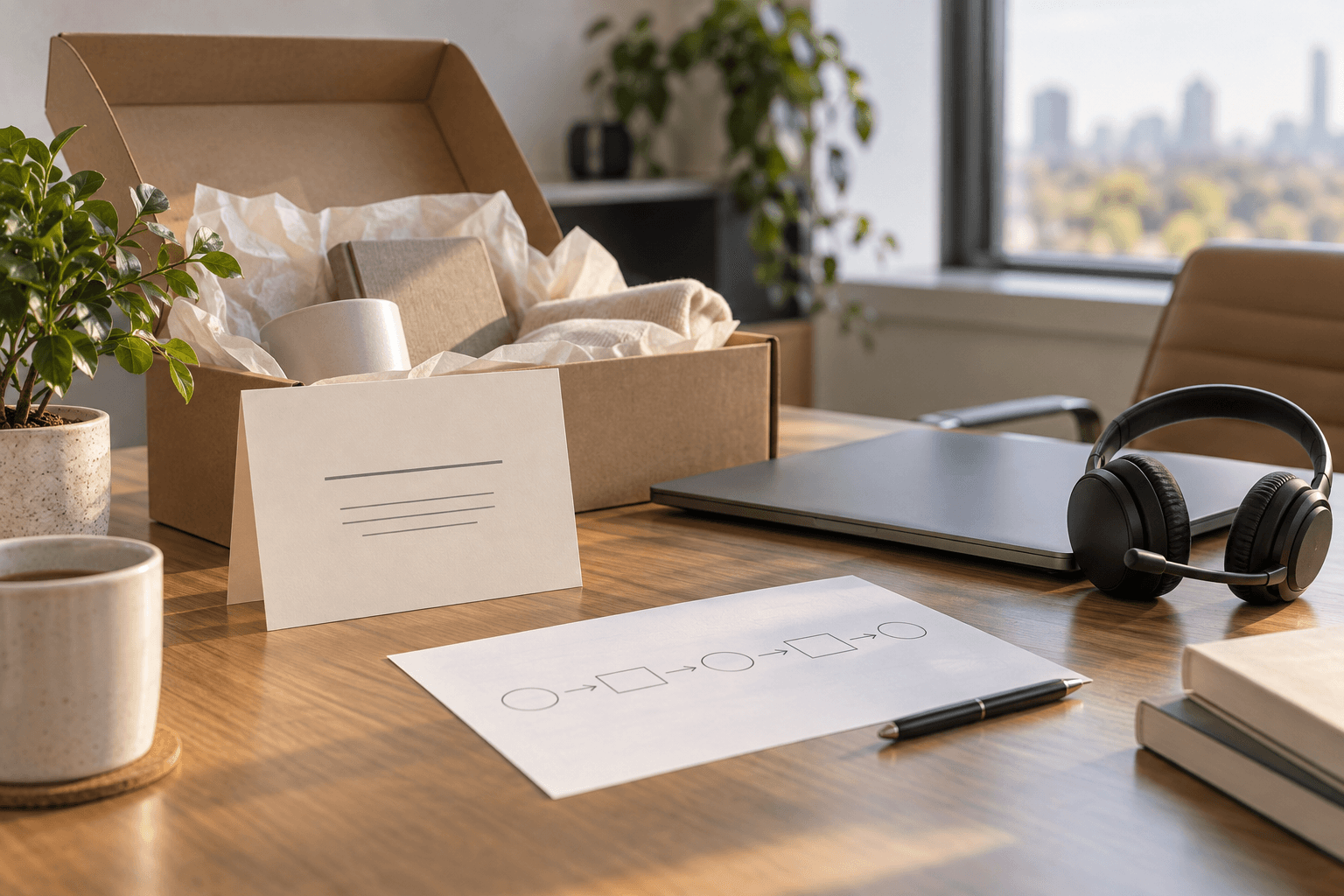 Customer success desk with a welcome kit, a hand-drawn onboarding flow sketch and a headset.
