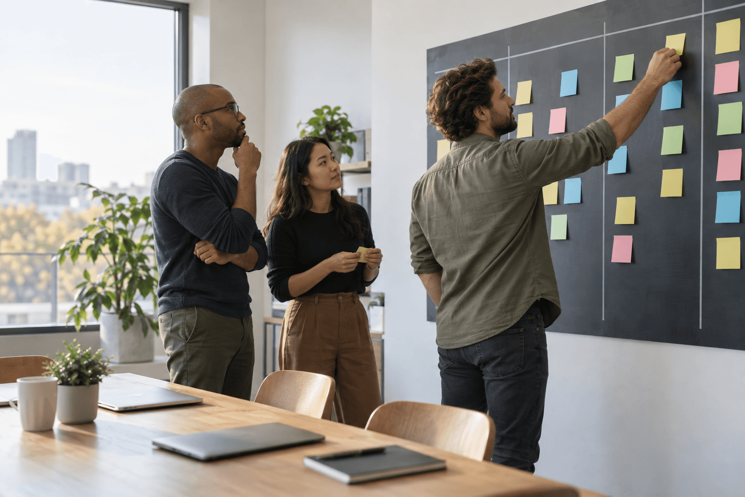 Development team standing in front of a physical kanban board covered in blank coloured sticky notes.