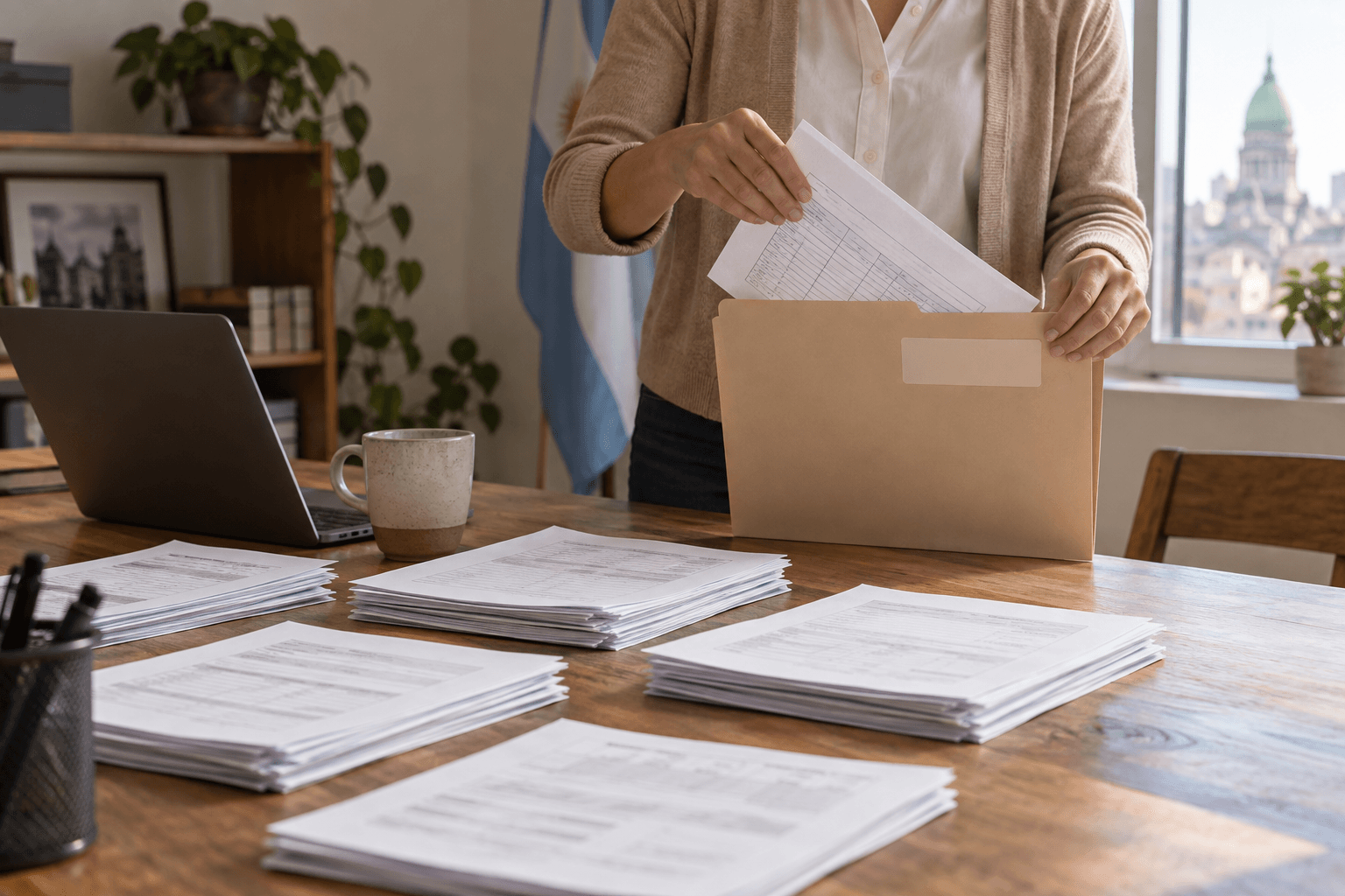 Several stacks of printed business records being consolidated into a single folder on a wooden table.