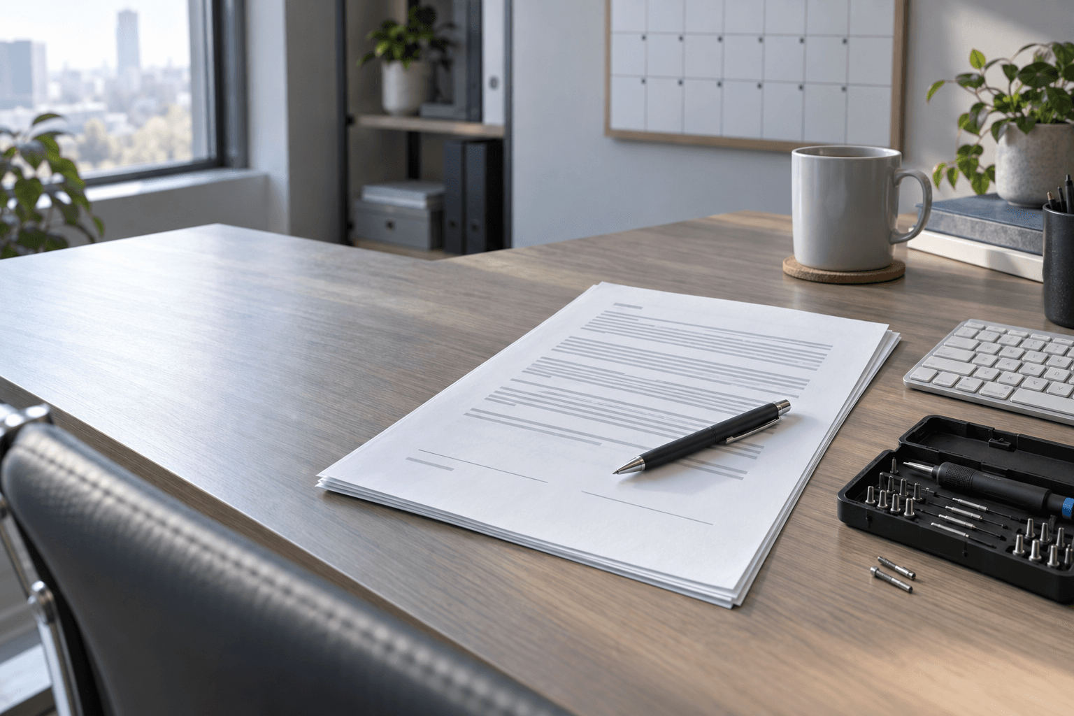 Service desk with a printed maintenance contract, a pen, precision tools and a wall calendar with blank squares.