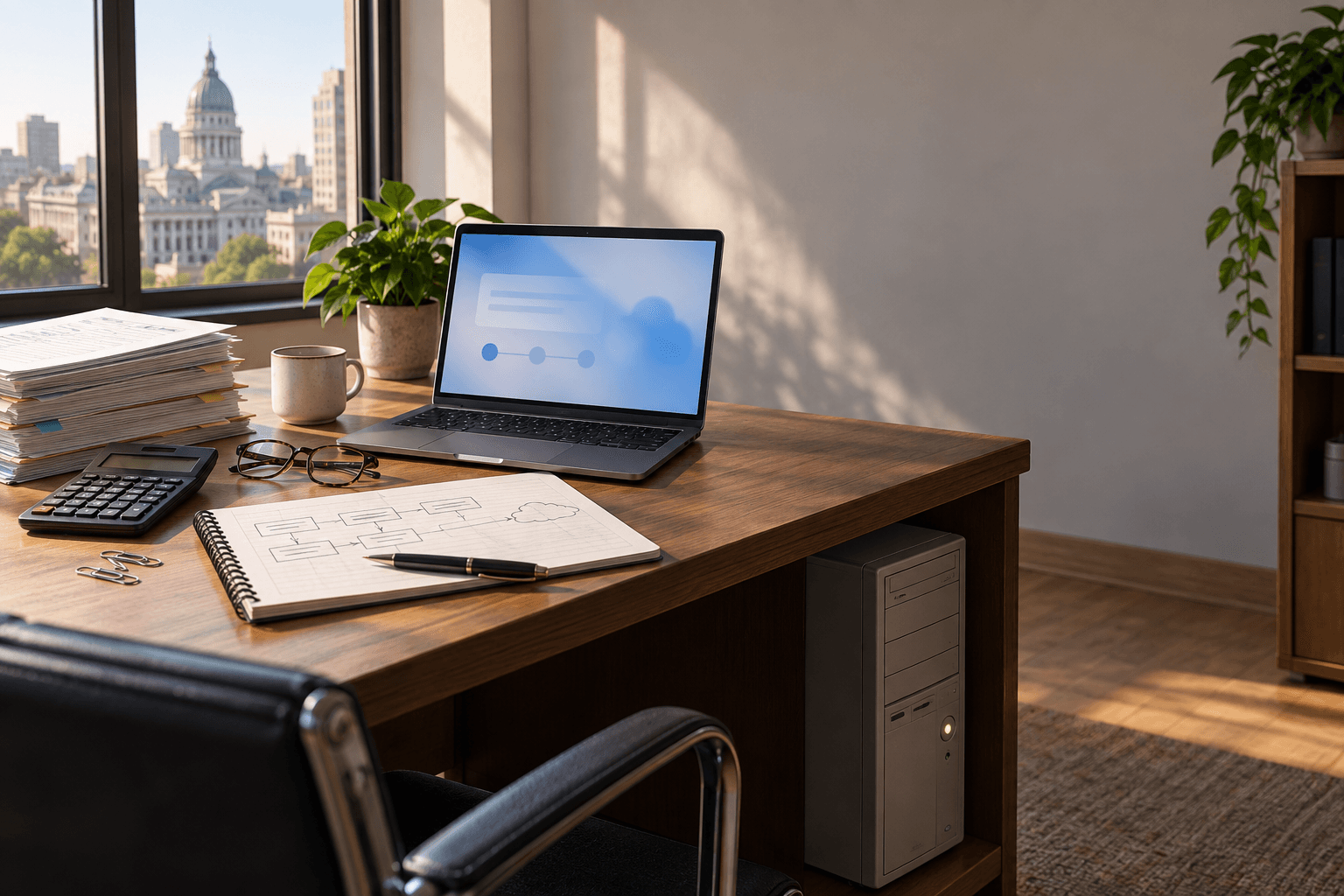 Accountant's desk during an ERP migration, with an older desktop tower beside a laptop and printed ledgers.