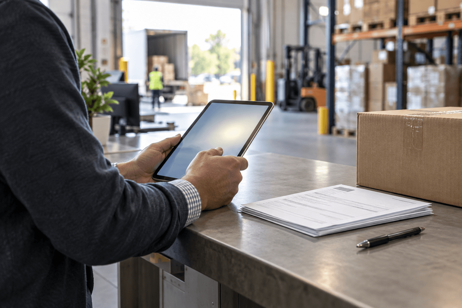 Business client reviewing order documents on a tablet at a warehouse office counter.