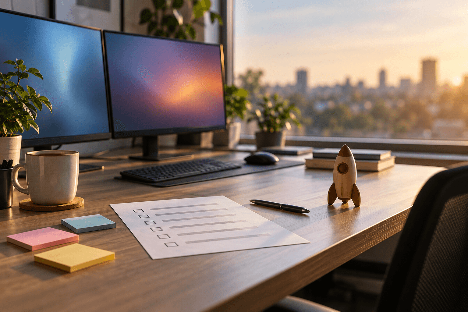 Quality assurance desk with printed checklists, blank sticky notes and a small wooden rocket before a release.