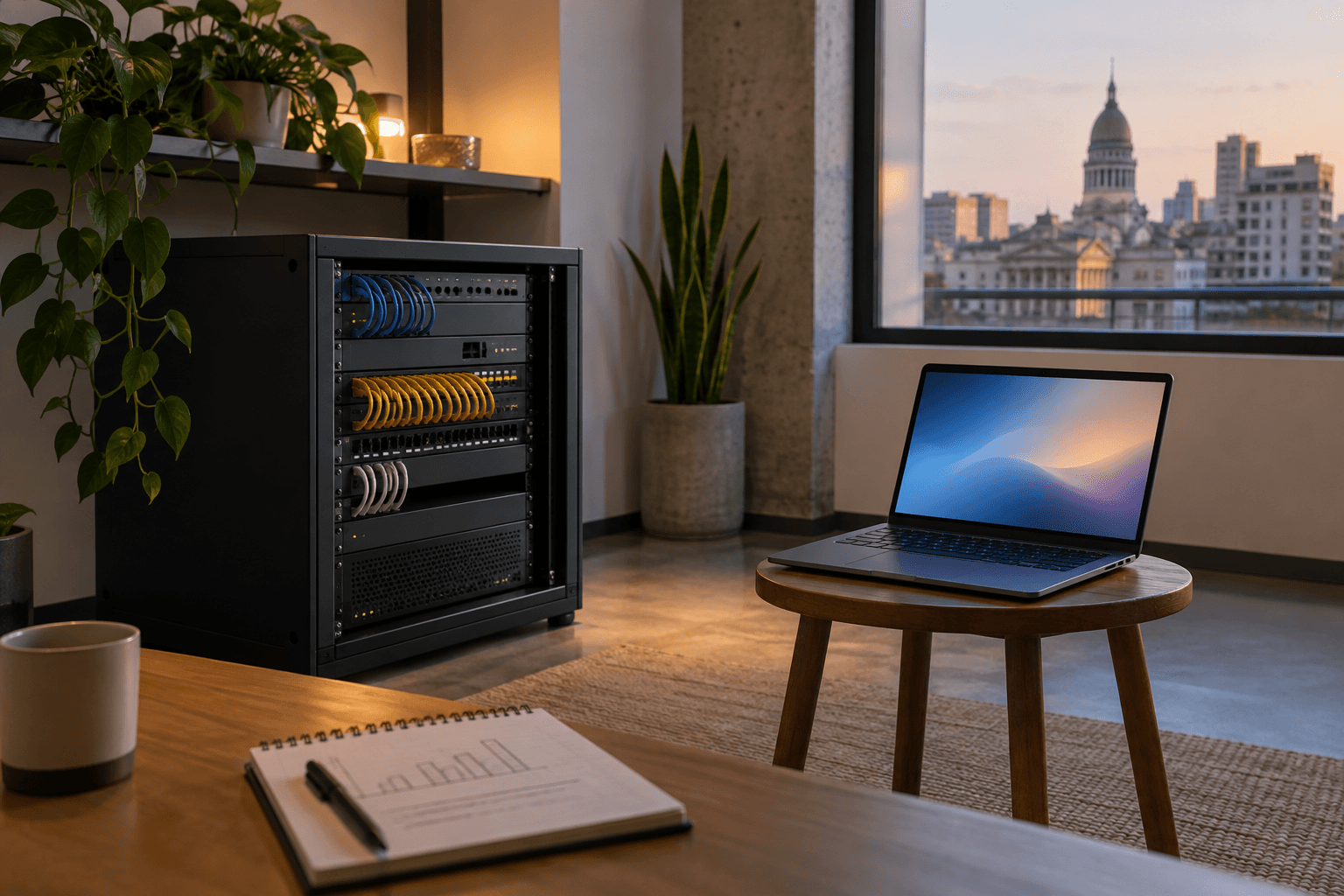 Small office equipment rack with tidy cabling beside a laptop and a hand-drawn cost notepad.