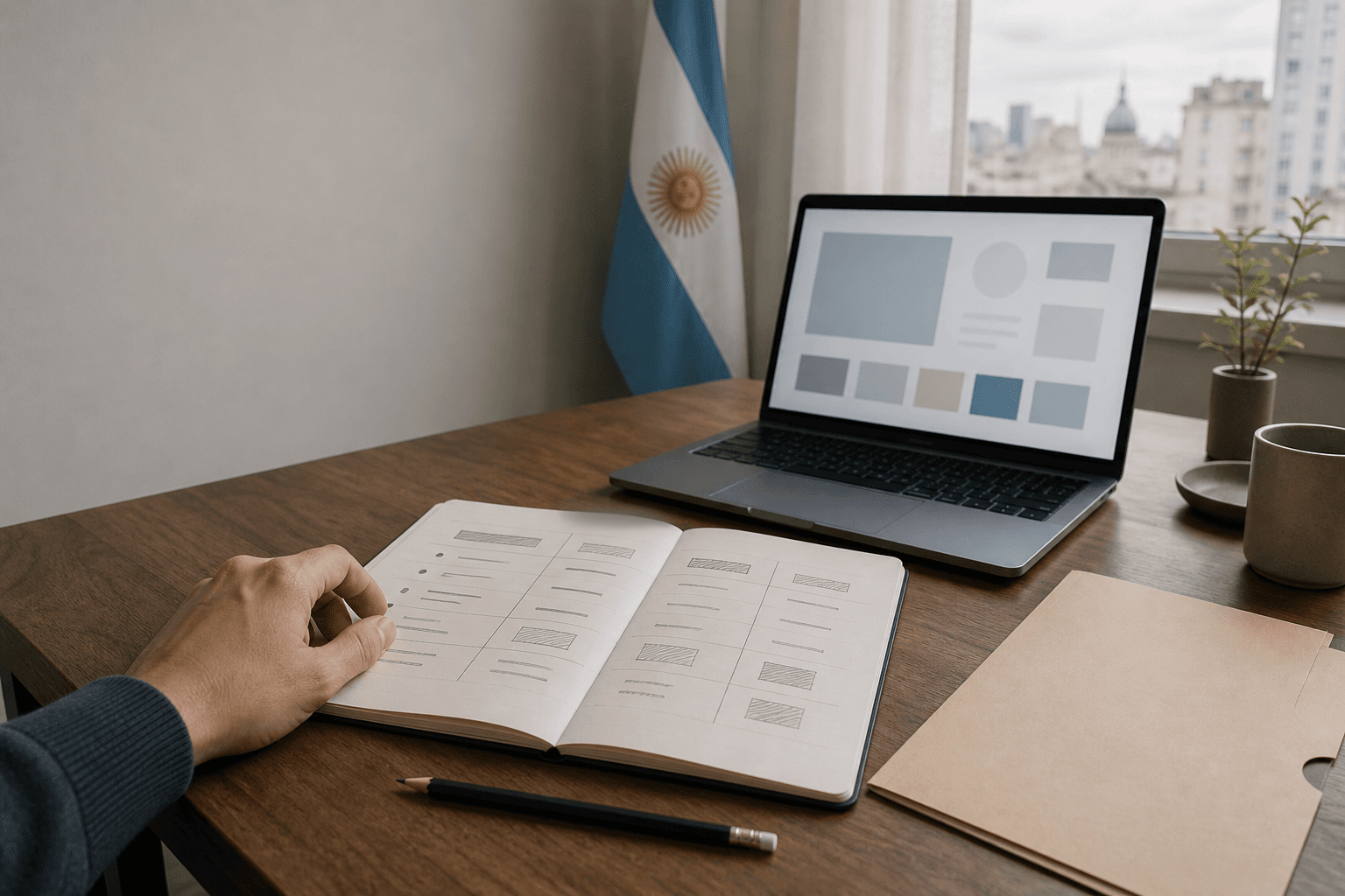 Mesa de trabajo con una matriz de decisión para organizar el registro de una marca y sus clases.