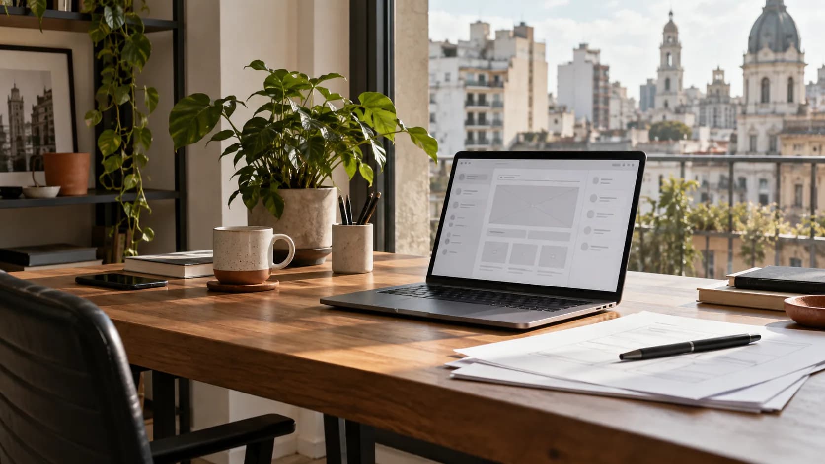 Mesa de trabajo con bocetos de un producto digital y una computadora en una oficina de Buenos Aires