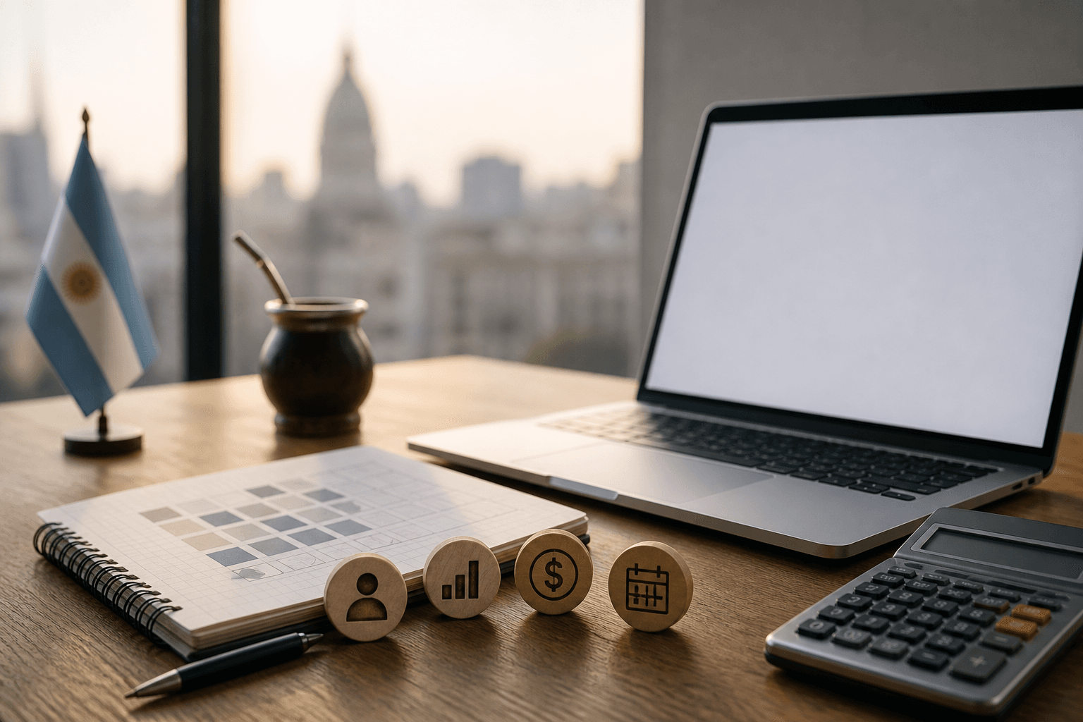 Mesa de trabajo con notebook, calculadora y fichas abstractas para comparar salarios de desarrollo de software en Argentina